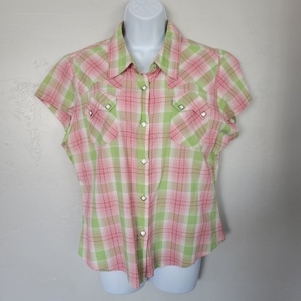 Roper Women's Large Short Sleeve Plaid Button Up Shirt Pink Green Red Stitching